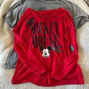 Disney Red Mickey Mouse Long-Sleeve Tee with Floral Accents And Gray Mickey Tee